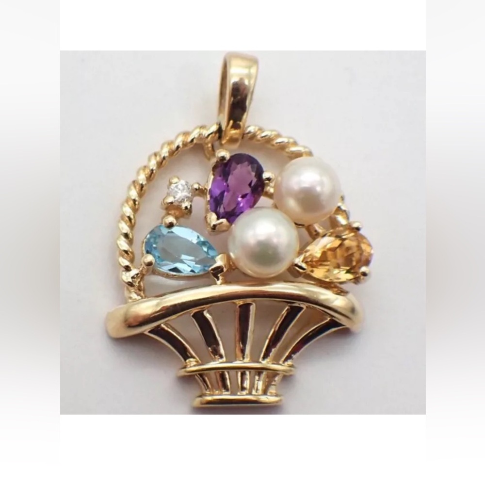 14k Solid Gold Diamond, Pearl, Amethyst, Citrine Charm Pendant